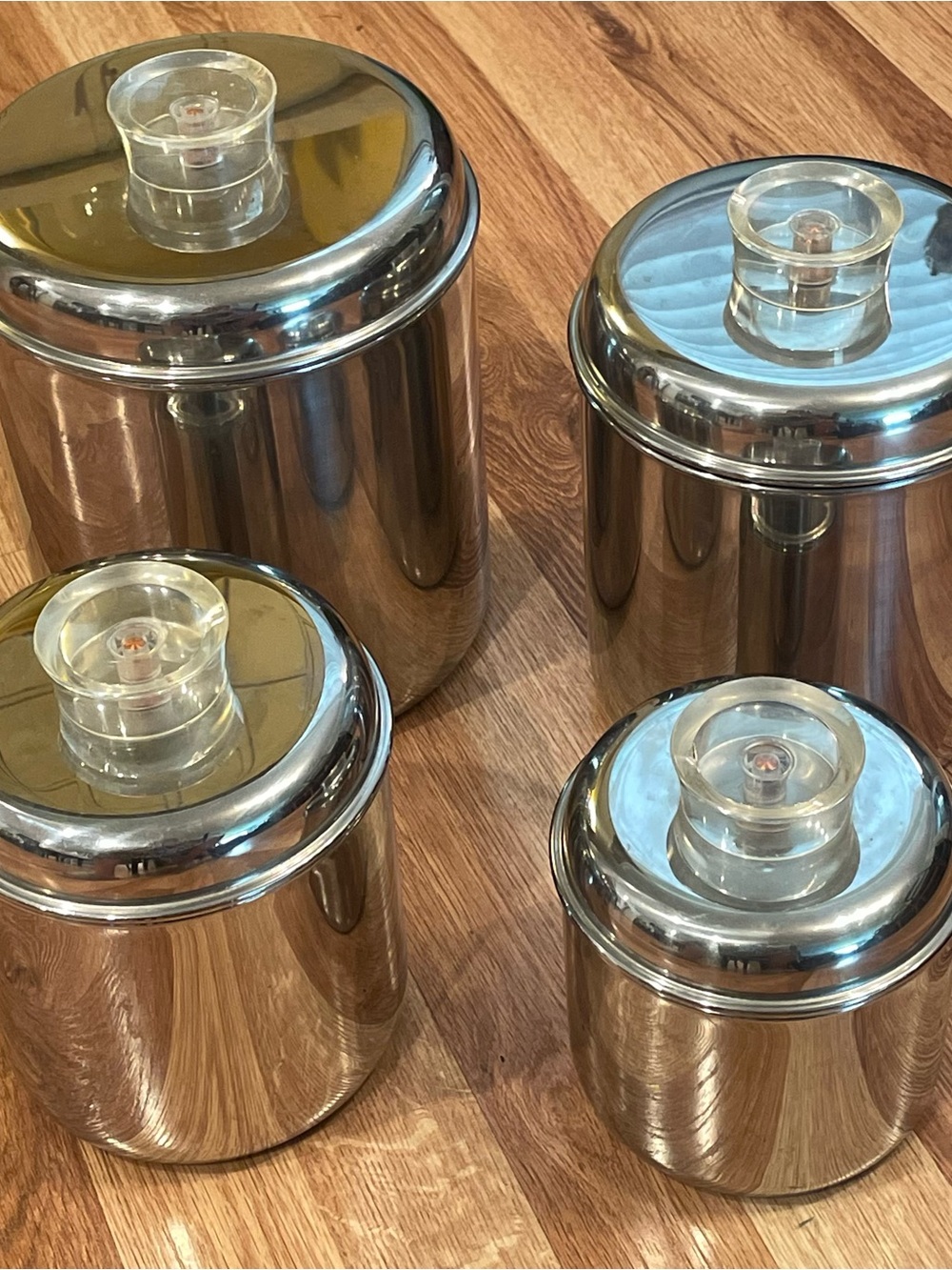 Canisters Set of 4 Revere Ware 1801 Stainless Steel with Lucite knob Handles MCM